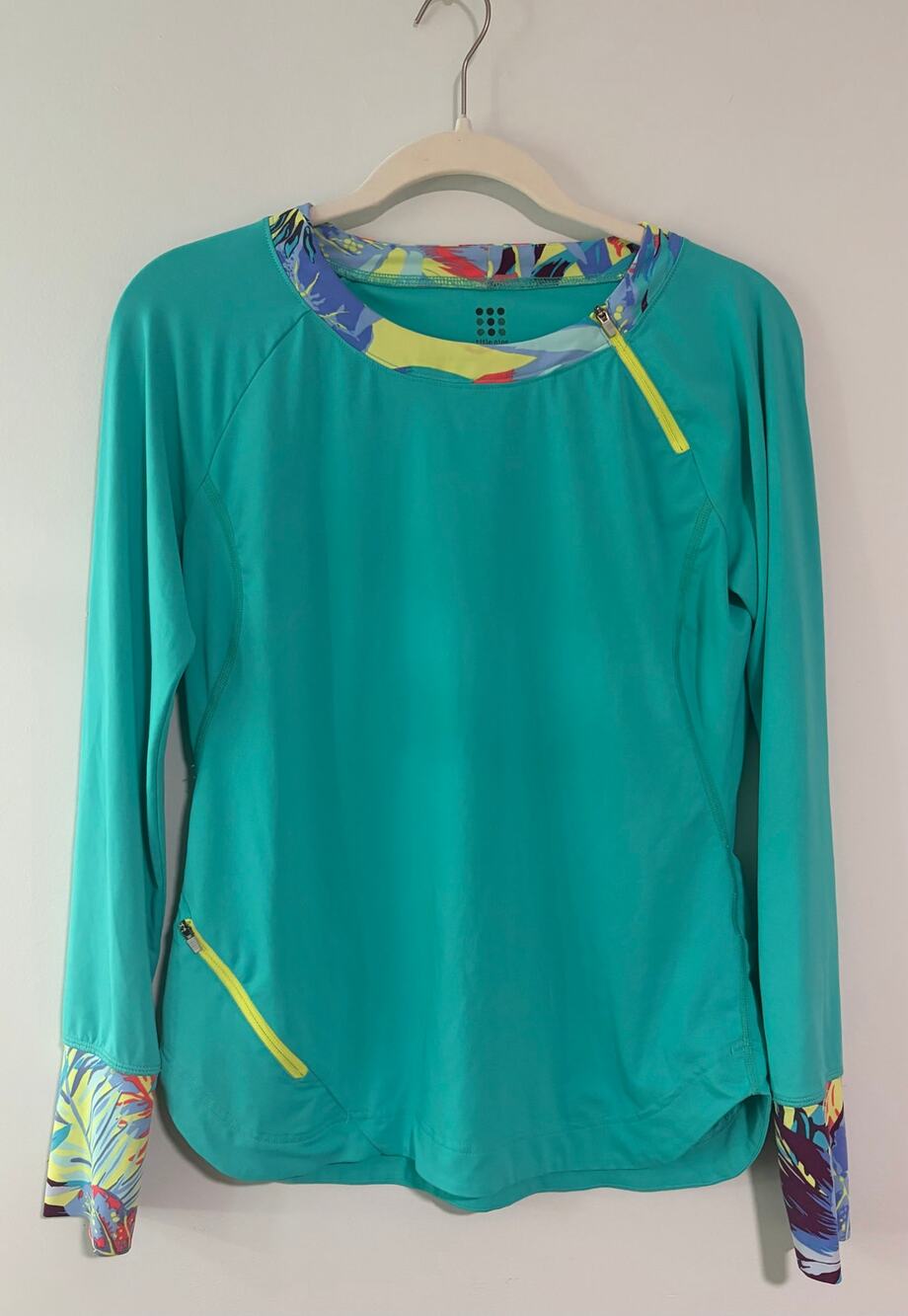 Title Nine Teal Long Sleeve Performance Top Women's Small Tropical Trim